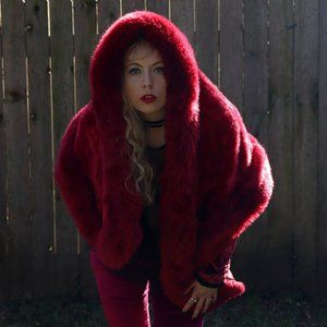 Red vegan faux fur fluffy shawl